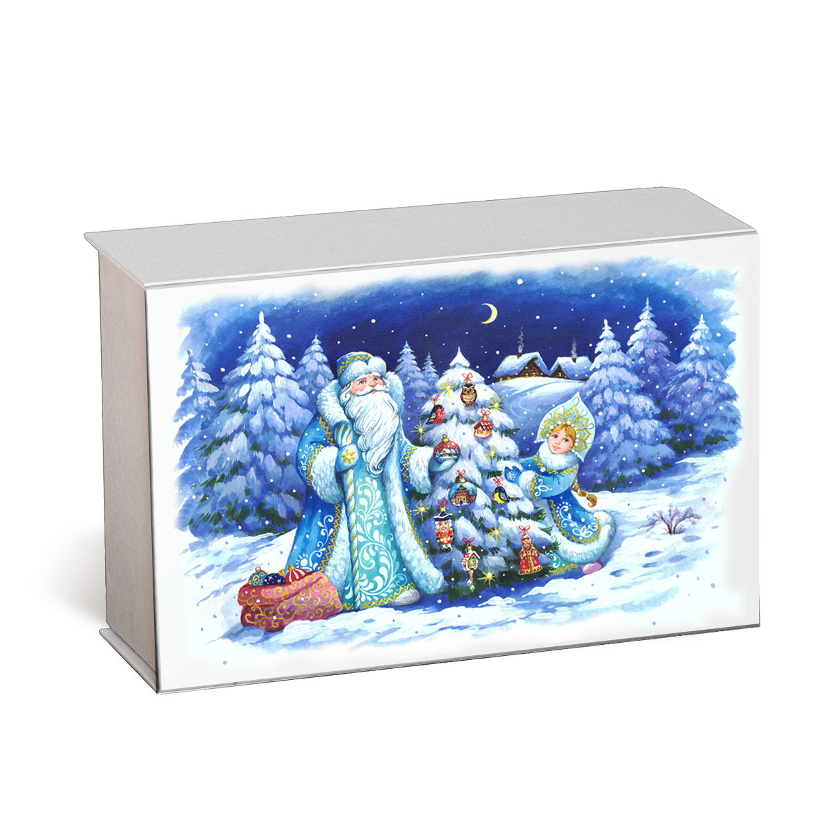 Упаковка картонная на 3 игрушки с новогодней печатью на крышке на магнитах